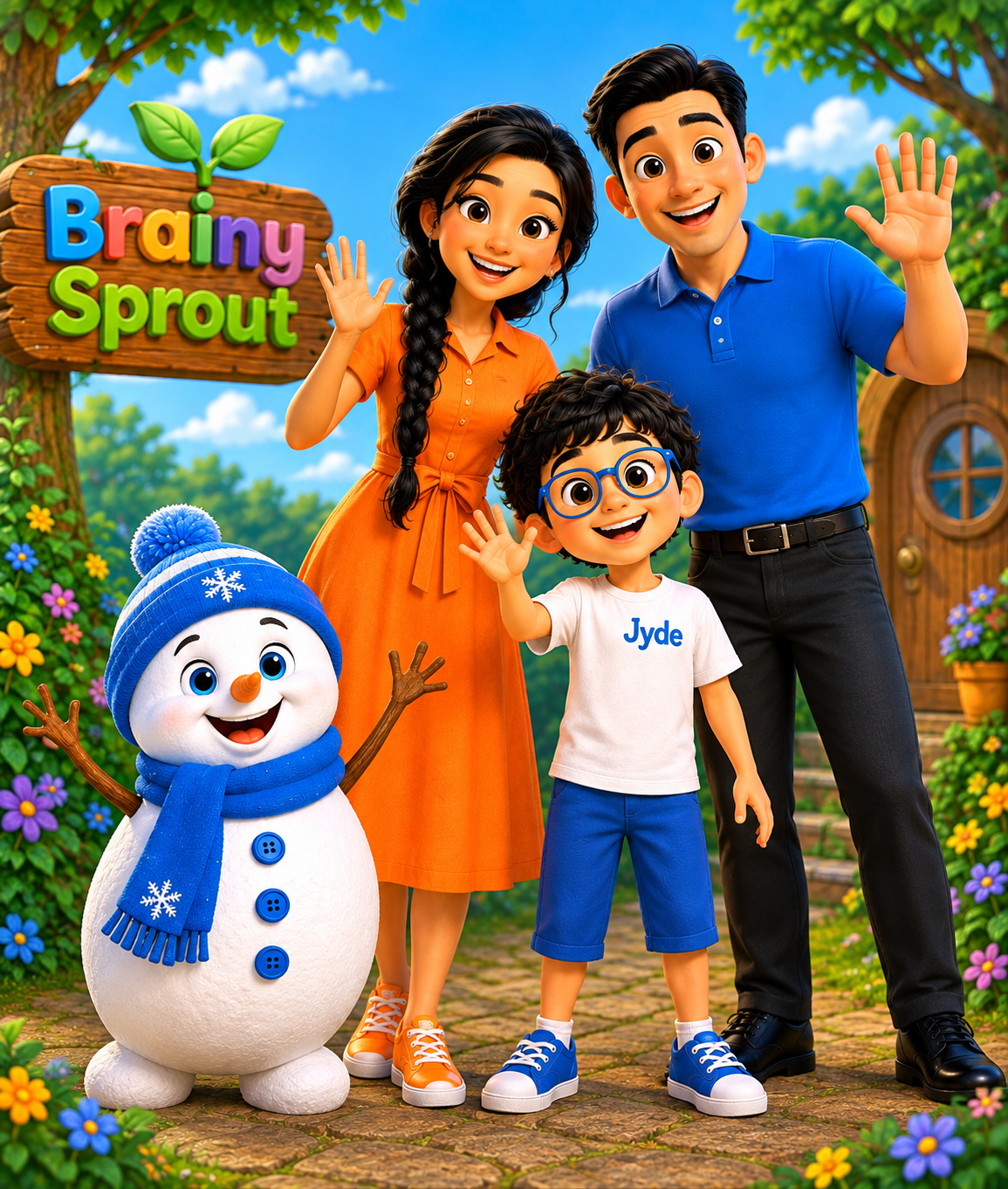 Brainy Sprout friends: Mom, Dad, Jyde, and Snow the snowman waving hello in a sunny garden.